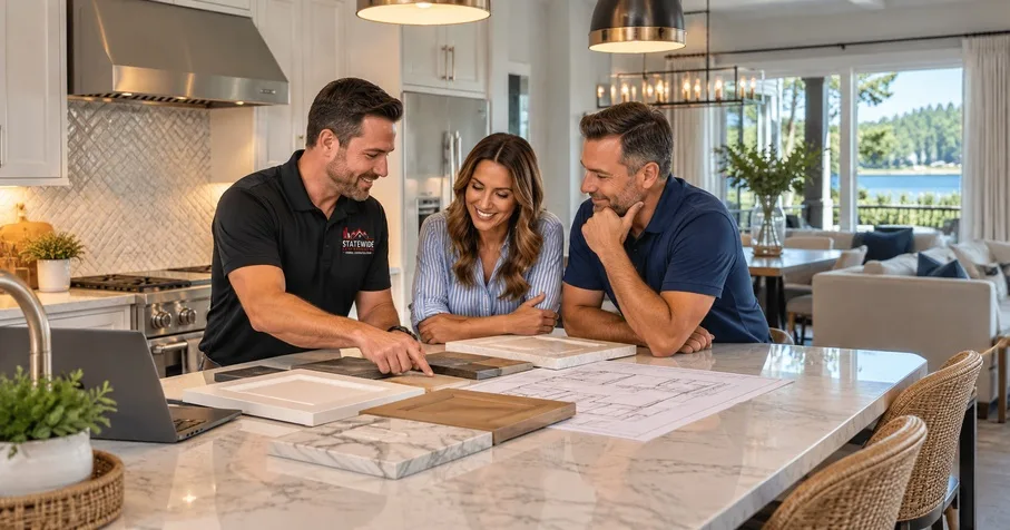 Homeowners reviewing plans and material samples for a kitchen remodel in their Windermere home.
