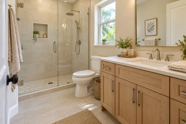 Remodeled bathroom with a glass walk-in shower, light oak vanity, quartz countertop, and warm neutral tile.