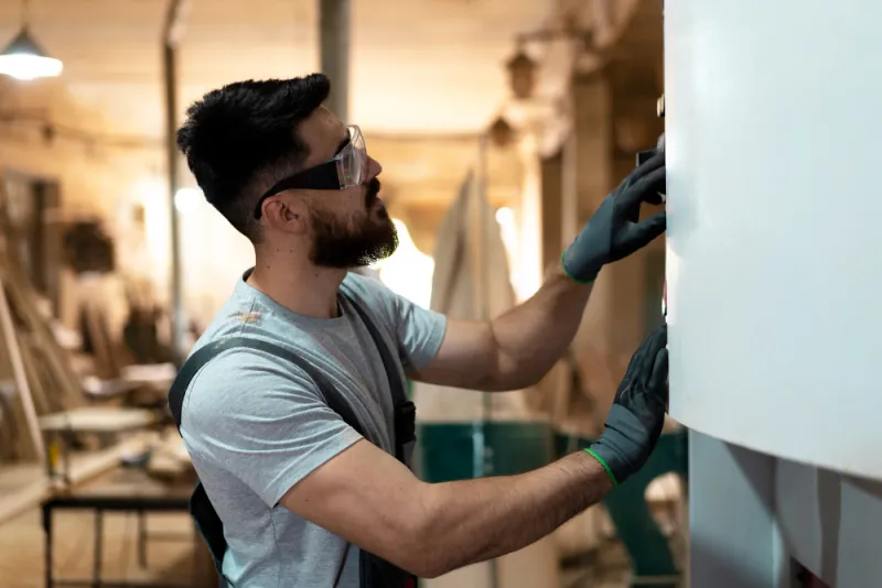 Cabinet maker in safety glasses and work gloves checking the face of a white cabinet panel in a shop