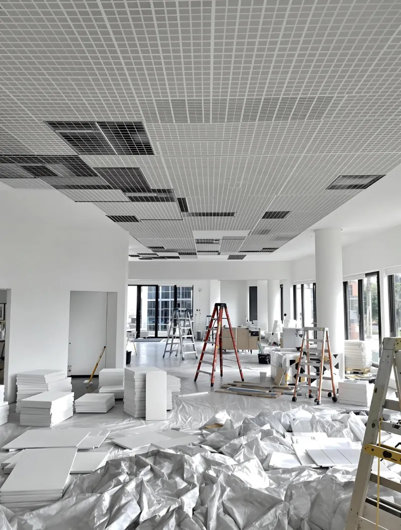Open commercial floor mid fitout with a new suspended ceiling grid, sheeted floors and stepladders in place