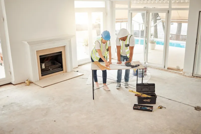 Two contractors in high visibility vests going over plans on a work table in a room being renovated