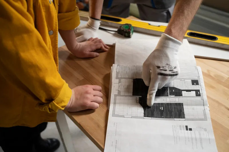 Two crew members leaning over a workbench reading a set of floor plans beside a spirit level