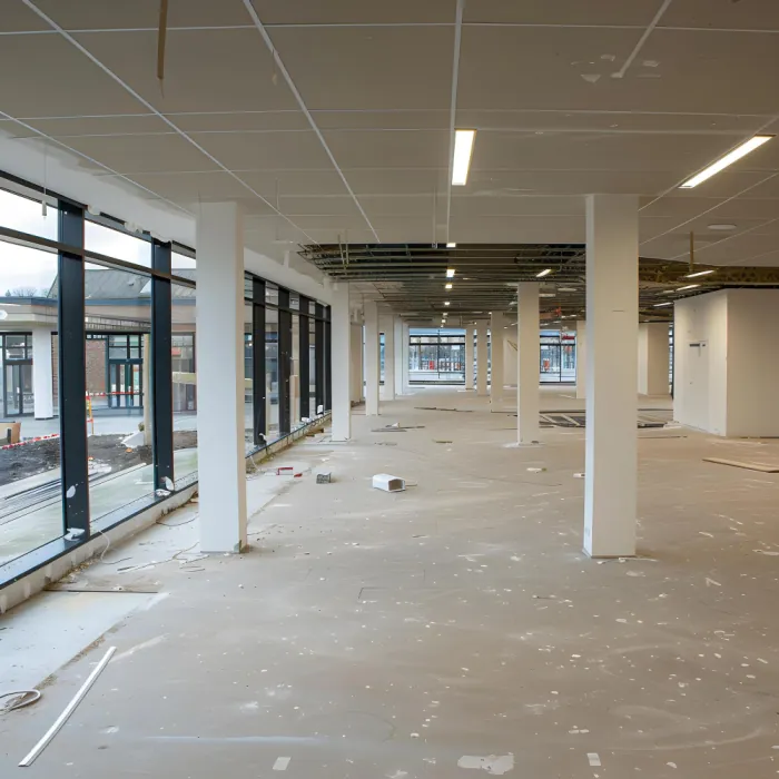 Vacant office floor stripped back to bare columns and glazing before a tenant improvement starts