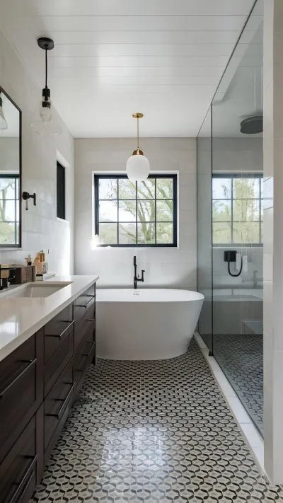 Finished bathroom with a freestanding soaking tub, glass walk in shower and patterned penny tile floor