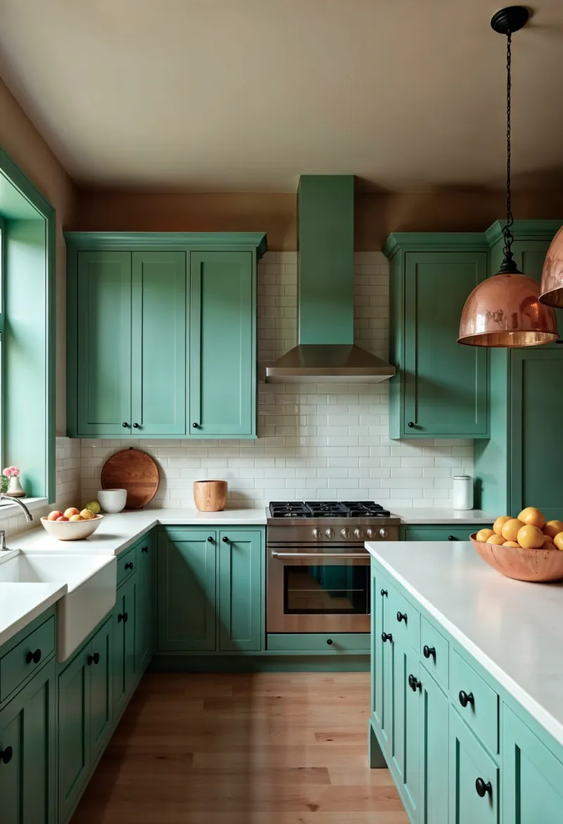 Remodeled kitchen with green shaker cabinets, a stainless range under a matching hood and copper pendant lights