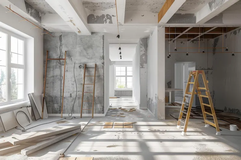 Interior of a home stripped back mid renovation, with ladders against a bare concrete wall and materials staged across the floor