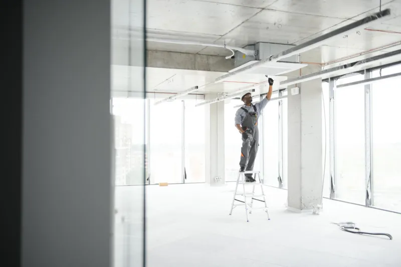 Worker on a stepladder fitting ceiling services in an empty office floor during a commercial buildout