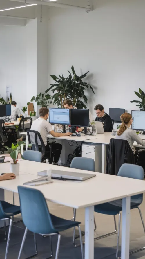 Office staff working at open plan desks in a suite that stayed occupied through the renovation