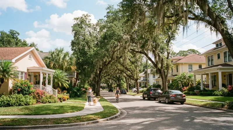 Central Florida residential street lined with live oaks and Spanish moss in front of pastel bungalows