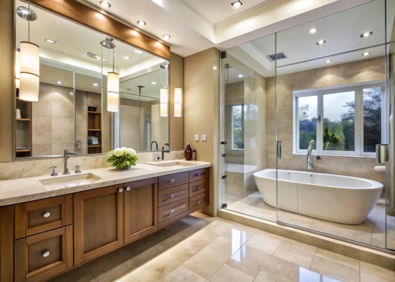 Finished primary bathroom with a double vanity, freestanding tub and a glass walled shower