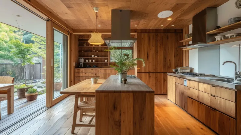 Remodeled wood kitchen with a long island and sliding glass doors opening onto a deck