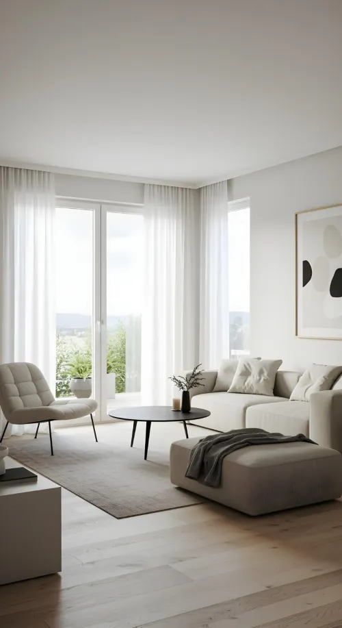 Renovated apartment living room with new flooring, fresh paint and full height windows onto a balcony