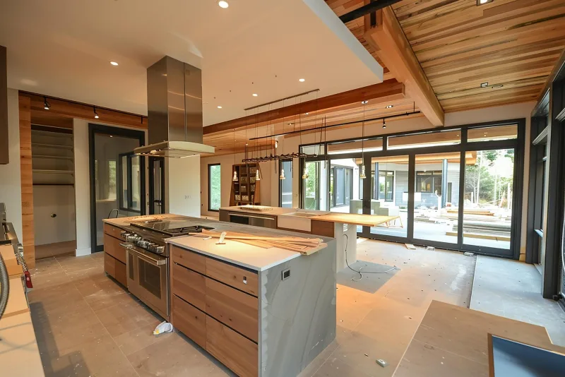 Finished kitchen renovation with wood cabinets, stone counters and a centre island