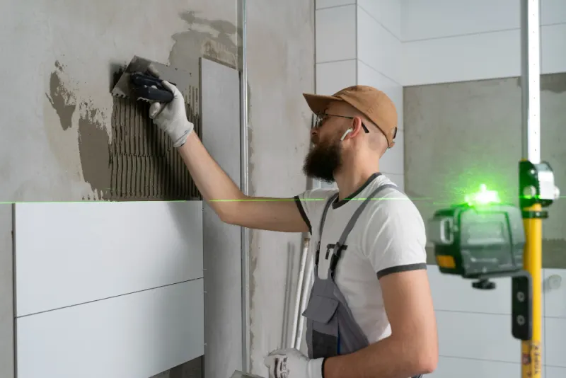 Tile setter spreading adhesive and setting wall tile to a laser level line in a bathroom