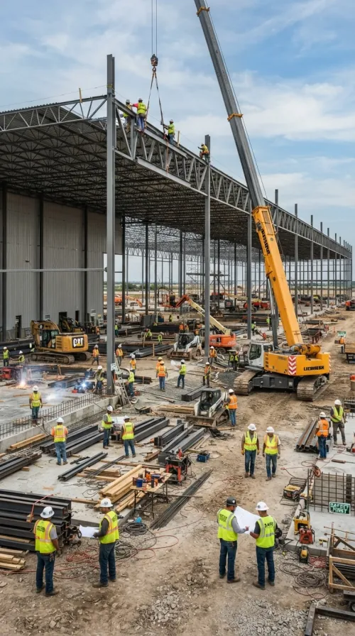 Large steel frame commercial building under construction with a crane and crews on site