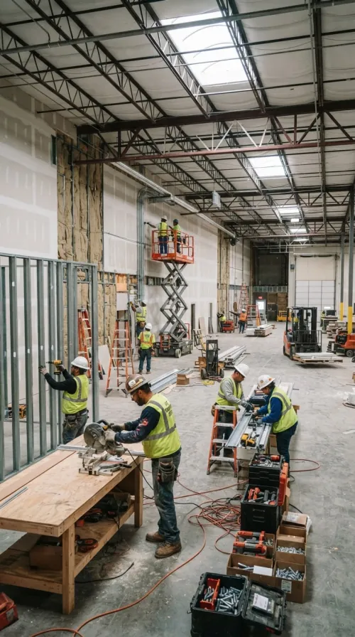 Crew in hard hats framing interior office walls inside a warehouse shell