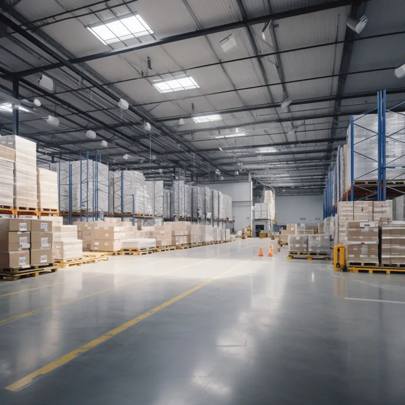 Interior of a working warehouse with palletized stock, racking and high bay lighting