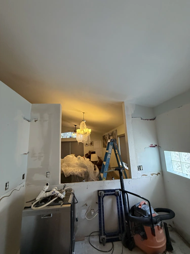 Sink wall during demolition, with the arch cut back to a square opening and the living room beyond still under plastic
